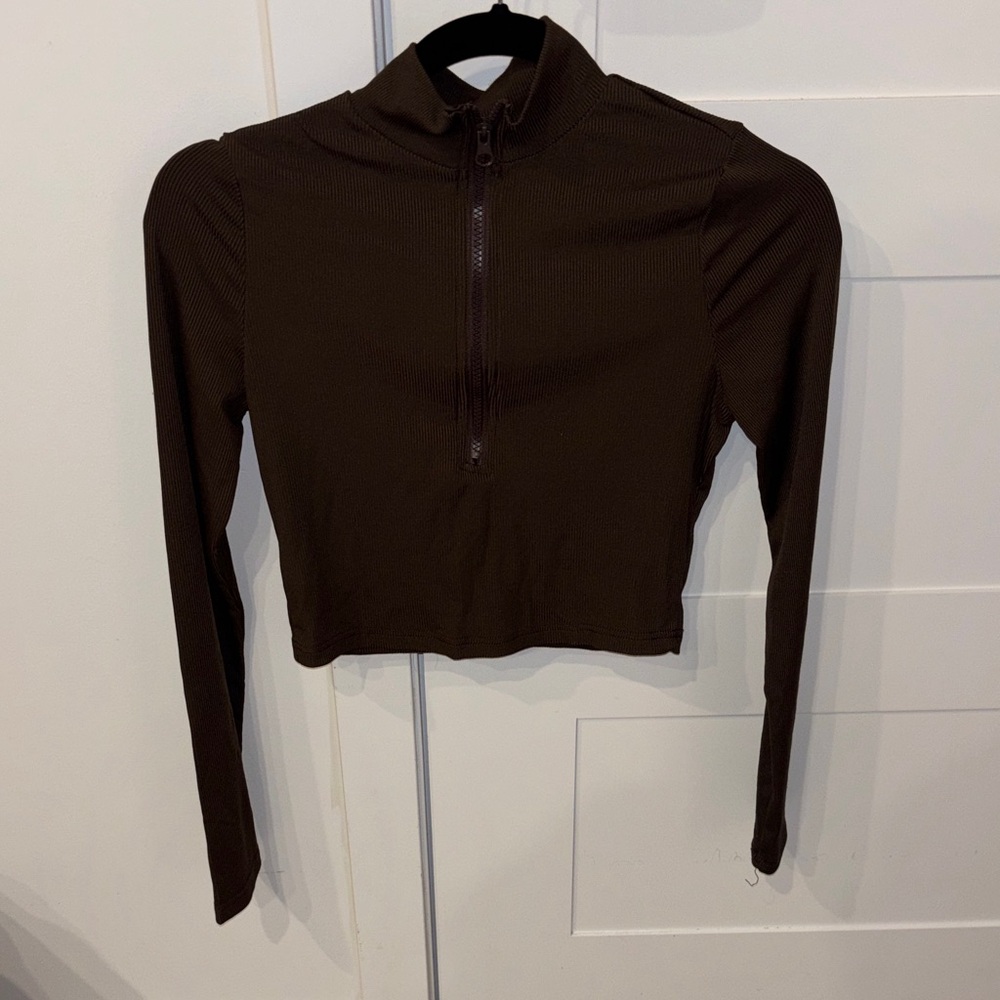 Brown Long Sleeve Quarter Zip Women's Top